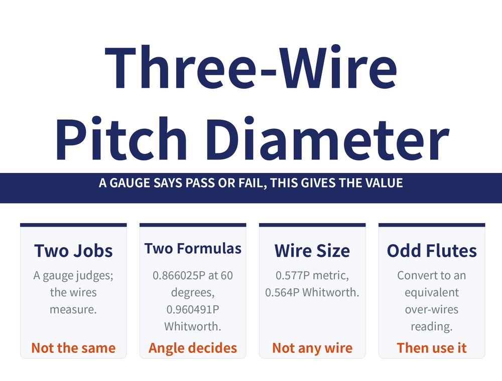 Three-wire thread measurement summary card: main title "Three-Wire / Pitch Diameter", ribbon "A GAUGE SAYS PASS OR FAIL, THIS GIVES THE VALUE"; four cards - Two Jobs (A gauge judges; the wires measure. / orange: Not the same), Two Formulas (0.866025P at 60 degrees, 0.960491P Whitworth. / orange: Angle decides), Wire Size (0.577P metric, 0.564P Whitworth. / orange: Not any wire), Odd Flutes (Convert to an equivalent over-wires reading. / orange: Then use it)" width="1000" height="760