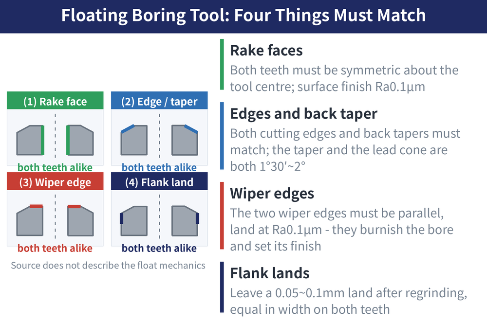 Floating Boring Tool: Four Things Must Match — diagram: Rake faces (Both teeth must be symmetric about the tool centre; surface finish Ra0.1μm); Edges and back taper (Both cutting edges and back tapers must match; the taper and the lead cone are both 1°30′~2°); Wiper edges (The two wiper edges must be parallel, land at Ra0.1μm - they burnish the bore and set its finish); Flank lands (Leave a 0.05~0.1mm land after regrinding, equal in width on both teeth)