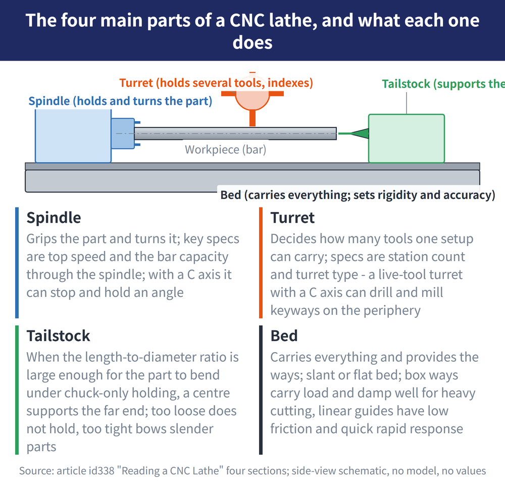 The four main parts of a CNC lathe, and what each one does - diagram: Spindle:Grips the part and turns it; key specs are top speed and the bar capacity through the spindle; with a C axis it can stop and hold an angle; Turret:Decides how many tools one setup can carry; specs are station count and turret type - a live-tool turret with a C axis can drill and mill keyways on the periphery; Tailstock:When the length-to-diameter ratio is large enough for the part to bend under chuck-only holding, a centre supports the far end; too loose does not hold, too tight bows slender parts; Bed:Carries everything and provides the ways; slant or flat bed; box ways carry load and damp well for heavy cutting, linear guides have low friction and quick rapid response