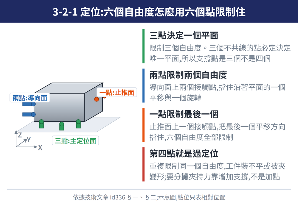 3-2-1 定位:六個自由度怎麼用六個點限制住 — 示意圖:三點決定一個平面:限制三個自由度。三個不共線的點必定決定唯一平面,所以支撐點是三個不是四個;兩點限制兩個自由度:導向面上兩個接觸點,擋住沿著平面的一個平移與一個旋轉;一點限制最後一個:止推面上一個接觸點,把最後一個平移方向擋住,六個自由度全部限制;第四點就是過定位:重複限制同一個自由度,工件裝不平或被夾變形;要分攤夾持力靠增加支撐,不是加點
