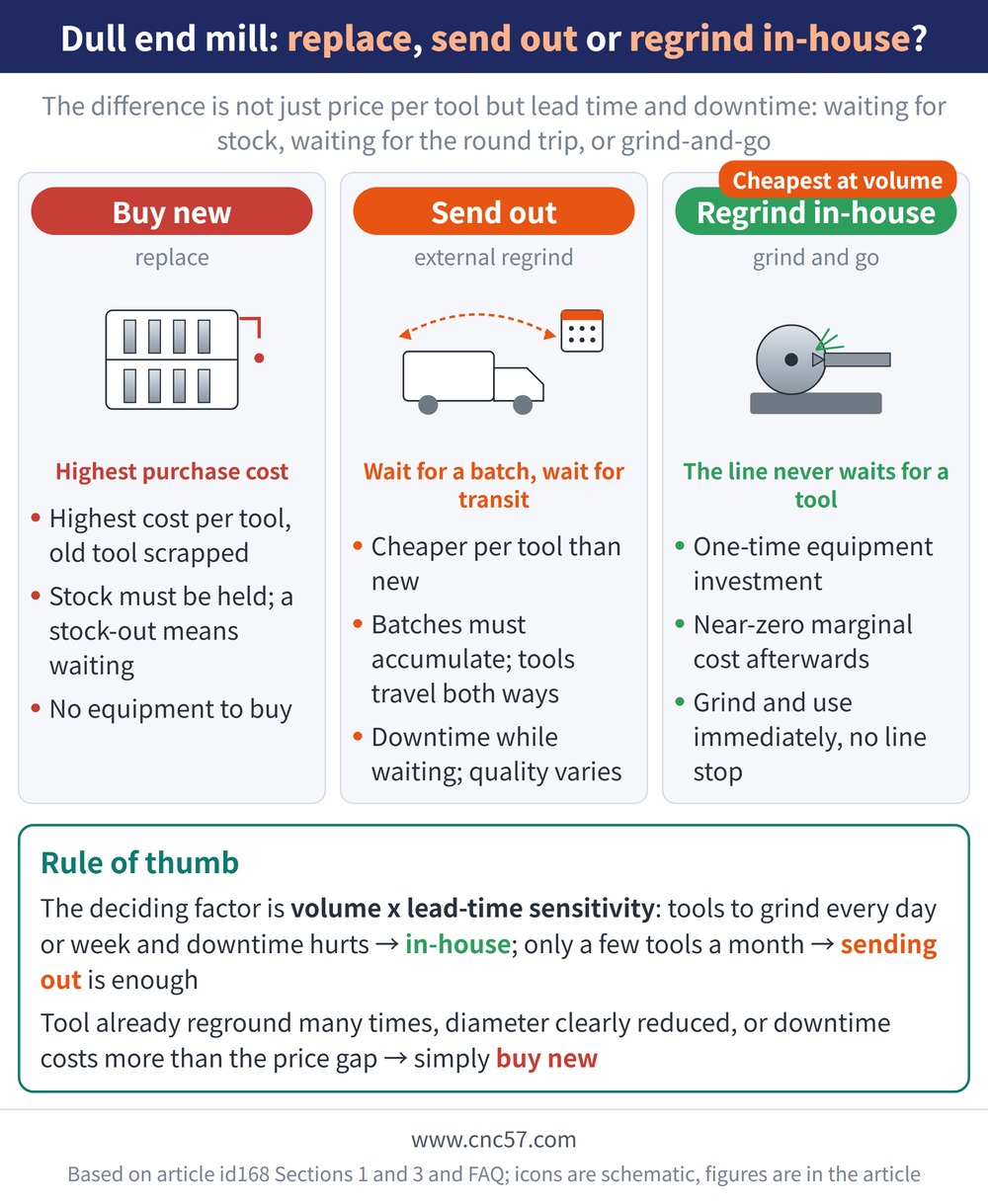 Dull end mill: replace, send out or regrind in-house? - diagram: Buy new(replace):Highest cost per tool, old tool scrapped, Stock must be held; a stock-out means waiting, No equipment to buy; Send out(external regrind):Cheaper per tool than new, Batches must accumulate; tools travel both ways, Downtime while waiting; quality varies; Regrind in-house(grind and go):One-time equipment investment, Near-zero marginal cost afterwards, Grind and use immediately, no line stop; Rule of thumb: The deciding factor is volume x lead-time sensitivity: tools to grind every day or week and downtime hurts → in-house; only a few tools a month → sending out is enough Tool already reground many times, diameter clearly reduced, or downtime costs more than the price gap → simply buy new