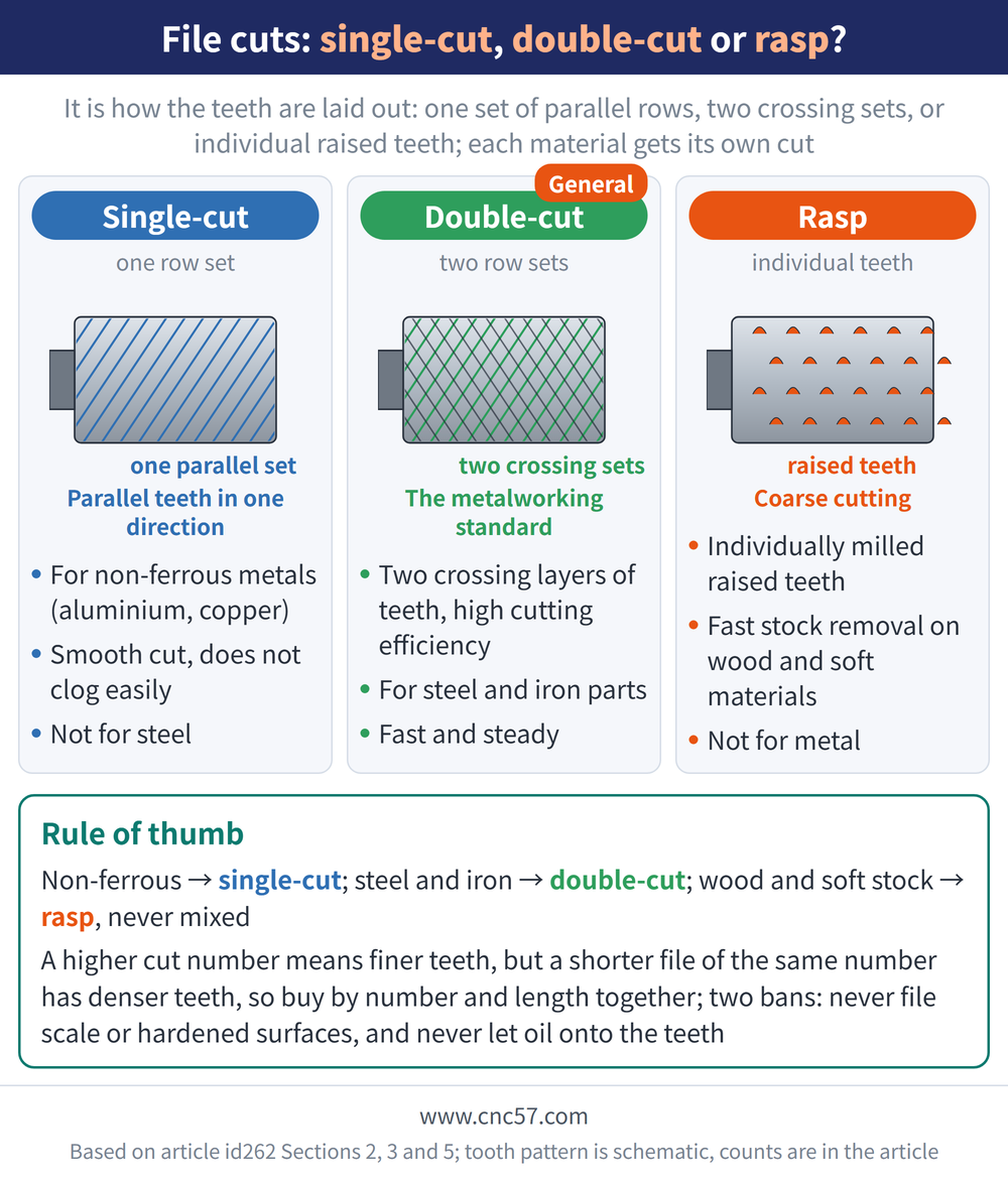 File cuts: single-cut, double-cut or rasp? - diagram: Single-cut(one row set):For non-ferrous metals (aluminium, copper), Smooth cut, does not clog easily, Not for steel; Double-cut(two row sets):Two crossing layers of teeth, high cutting efficiency, For steel and iron parts, Fast and steady; Rasp(individual teeth):Individually milled raised teeth, Fast stock removal on wood and soft materials, Not for metal; Rule of thumb: Non-ferrous → single-cut; steel and iron → double-cut; wood and soft stock → rasp, never mixed A higher cut number means finer teeth, but a shorter file of the same number has denser teeth, so buy by number and length together; two bans: never file scale or hardened surfaces, and never let oil onto the teeth