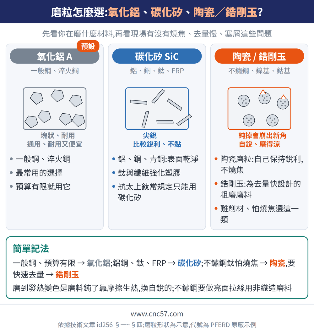 磨粒怎麼選:氧化鋁、碳化矽、陶瓷／鋯剛玉?— 示意圖:氧化鋁 A(一般鋼、淬火鋼):一般鋼、淬火鋼、最常用的選擇、預算有限就用它;碳化矽 SiC(鋁、銅、鈦、FRP):鋁、銅、青銅:表面乾淨、鈦與纖維強化塑膠、航太上鈦常規定只能用碳化矽;陶瓷 / 鋯剛玉(不鏽鋼、鎳基、鈷基):陶瓷磨粒:自己保持銳利,不燒焦、鋯剛玉:為去量快設計的粗磨磨料、難削材、怕燒焦選這一類;簡單記法:一般鋼、預算有限 → 氧化鋁;鋁銅、鈦、FRP → 碳化矽;不鏽鋼鈦怕燒焦 → 陶瓷,要快速去量 → 鋯剛玉磨到發熱變色是磨料鈍了靠摩擦生熱,換自銳的;不鏽鋼要做亮面拉絲用非織造磨料