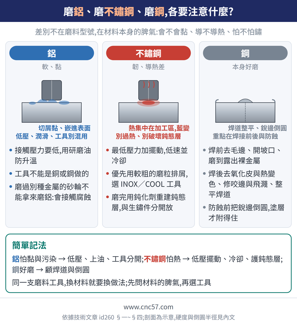 磨鋁、磨不鏽鋼、磨鋼,各要注意什麼?— 示意圖:鋁(軟、黏):接觸壓力要低,用研磨油防升溫、工具不能是銅或鋼做的、磨過別種金屬的砂輪不能拿來磨鋁:會接觸腐蝕;不鏽鋼(韌、導熱差):最低壓力加擺動,低速並冷卻、優先用較粗的磨粒排屑,選 INOX／COOL 工具、磨完用鈍化劑重建鈍態層,與生鏽件分開放;鋼(本身好磨):焊前去毛邊、開坡口、磨到露出裸金屬、焊後去氧化皮與熱變色、修咬邊與飛濺、整平焊道、防蝕前把銳邊倒圓,塗層才附得住;簡單記法:鋁怕黏與污染 → 低壓、上油、工具分開;不鏽鋼怕熱 → 低壓擺動、冷卻、護鈍態層;鋼好磨 → 顧焊道與倒圓同一支磨料工具,換材料就要換做法;先問材料的脾氣,再選工具