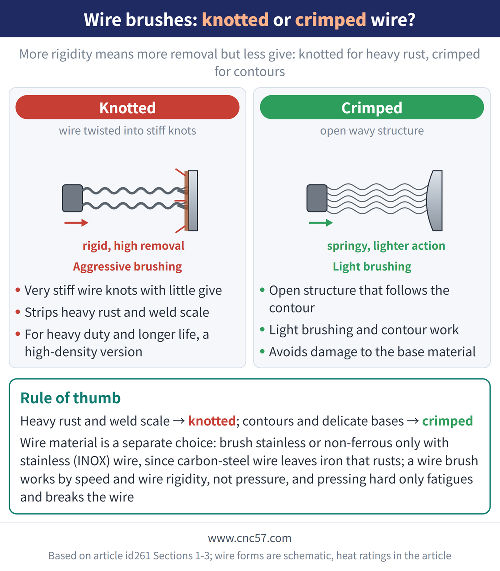 Wire brushes: knotted or crimped wire? - diagram: Knotted(wire twisted into stiff knots):Very stiff wire knots with little give, Strips heavy rust and weld scale, For heavy duty and longer life, a high-density version; Crimped(open wavy structure):Open structure that follows the contour, Light brushing and contour work, Avoids damage to the base material; Rule of thumb: Heavy rust and weld scale → knotted; contours and delicate bases → crimped Wire material is a separate choice: brush stainless or non-ferrous only with stainless (INOX) wire, since carbon-steel wire leaves iron that rusts; a wire brush works by speed and wire rigidity, not pressure, and pressing hard only fatigues and breaks the wire