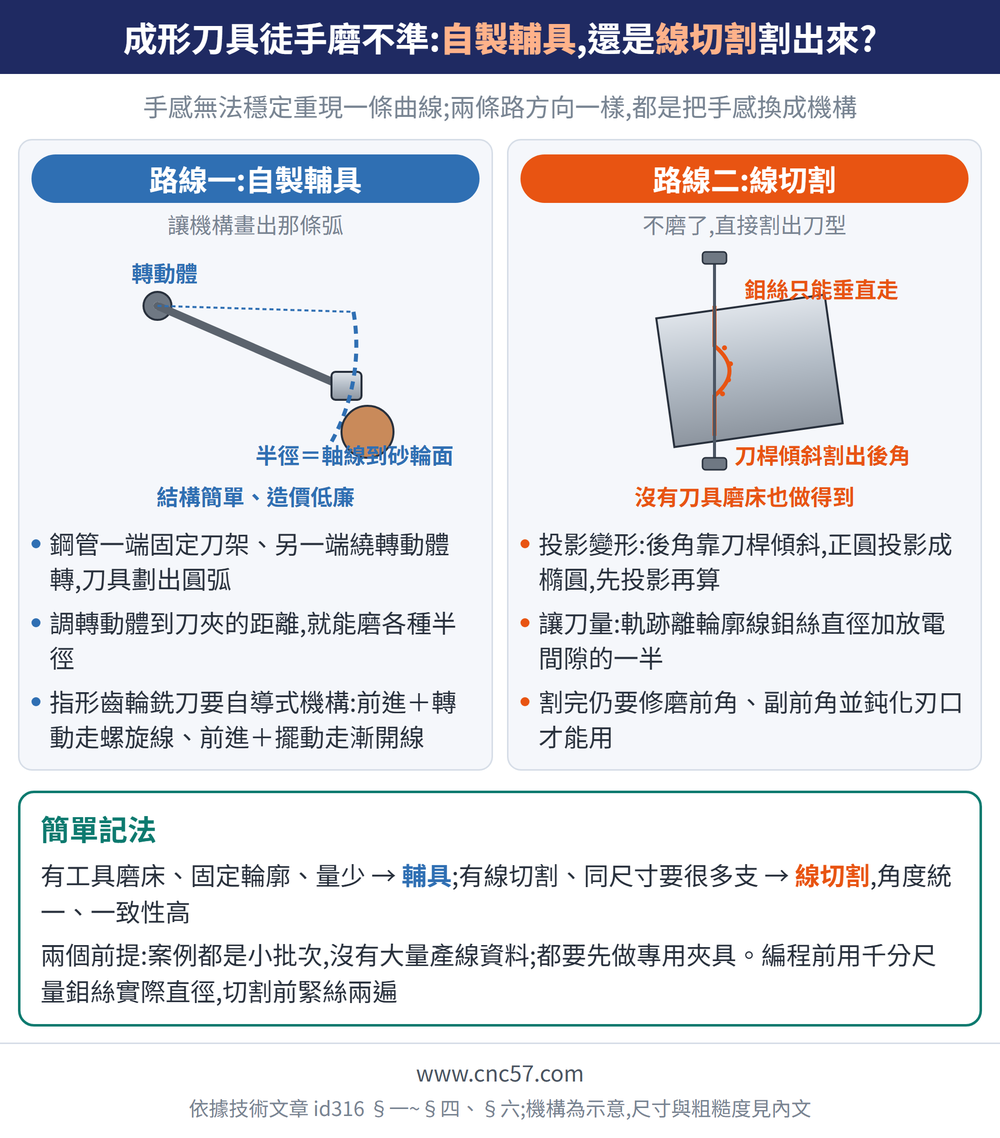 成形刀具徒手磨不準:自製輔具,還是線切割割出來?— 示意圖:路線一:自製輔具(讓機構畫出那條弧):鋼管一端固定刀架、另一端繞轉動體轉,刀具劃出圓弧、調轉動體到刀夾的距離,就能磨各種半徑、指形齒輪銑刀要自導式機構:前進＋轉動走螺旋線、前進＋擺動走漸開線;路線二:線切割(不磨了,直接割出刀型):投影變形:後角靠刀桿傾斜,正圓投影成橢圓,先投影再算、讓刀量:軌跡離輪廓線鉬絲直徑加放電間隙的一半、割完仍要修磨前角、副前角並鈍化刃口才能用;簡單記法:有工具磨床、固定輪廓、量少 → 輔具;有線切割、同尺寸要很多支 → 線切割,角度統一、一致性高兩個前提:案例都是小批次,沒有大量產線資料;都要先做專用夾具。編程前用千分尺量鉬絲實際直徑,切割前緊絲兩遍