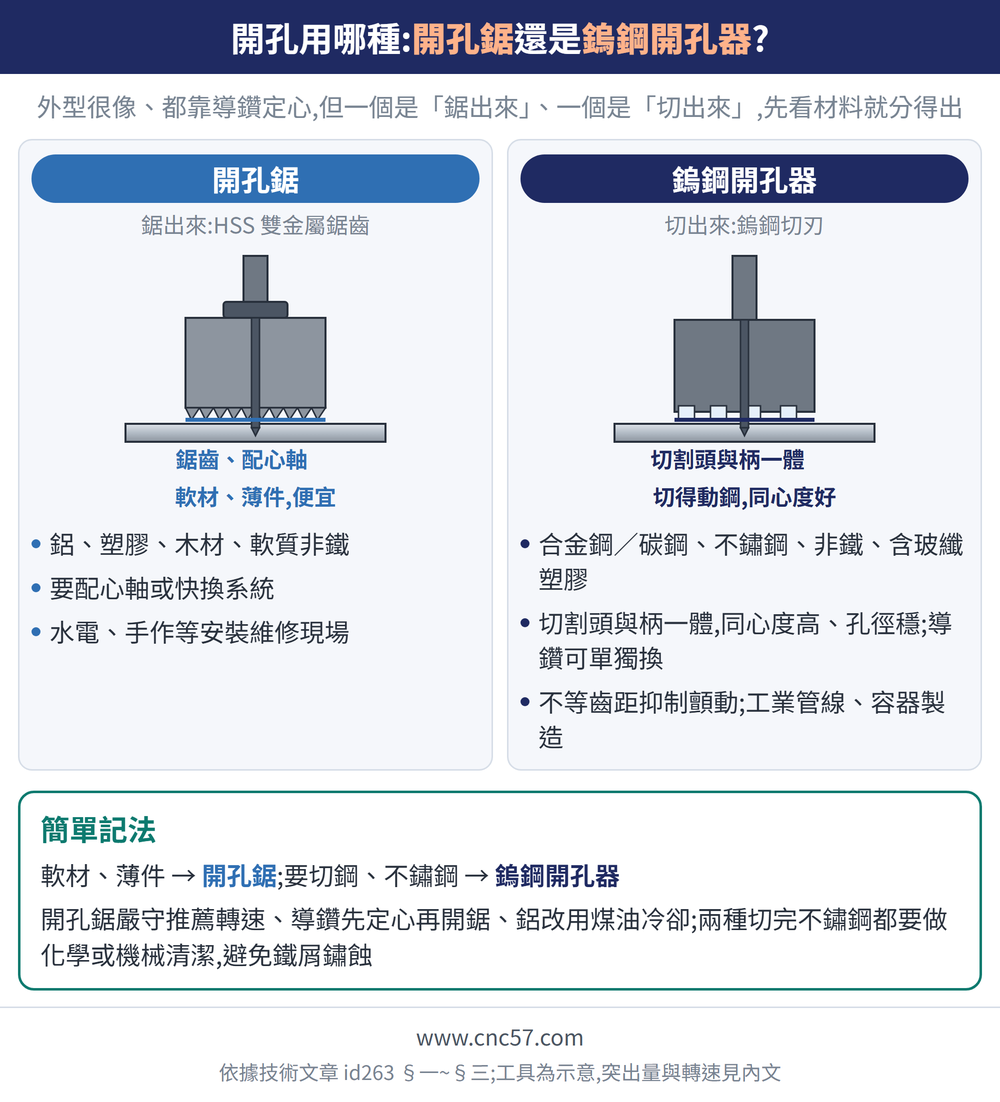 開孔用哪種:開孔鋸還是鎢鋼開孔器?— 示意圖:開孔鋸(鋸出來:HSS 雙金屬鋸齒):鋁、塑膠、木材、軟質非鐵、要配心軸或快換系統、水電、手作等安裝維修現場;鎢鋼開孔器(切出來:鎢鋼切刃):合金鋼／碳鋼、不鏽鋼、非鐵、含玻纖塑膠、切割頭與柄一體,同心度高、孔徑穩;導鑽可單獨換、不等齒距抑制顫動;工業管線、容器製造;簡單記法:軟材、薄件 → 開孔鋸;要切鋼、不鏽鋼 → 鎢鋼開孔器開孔鋸嚴守推薦轉速、導鑽先定心再開鋸、鋁改用煤油冷卻;兩種切完不鏽鋼都要做化學或機械清潔,避免鐵屑鏽蝕