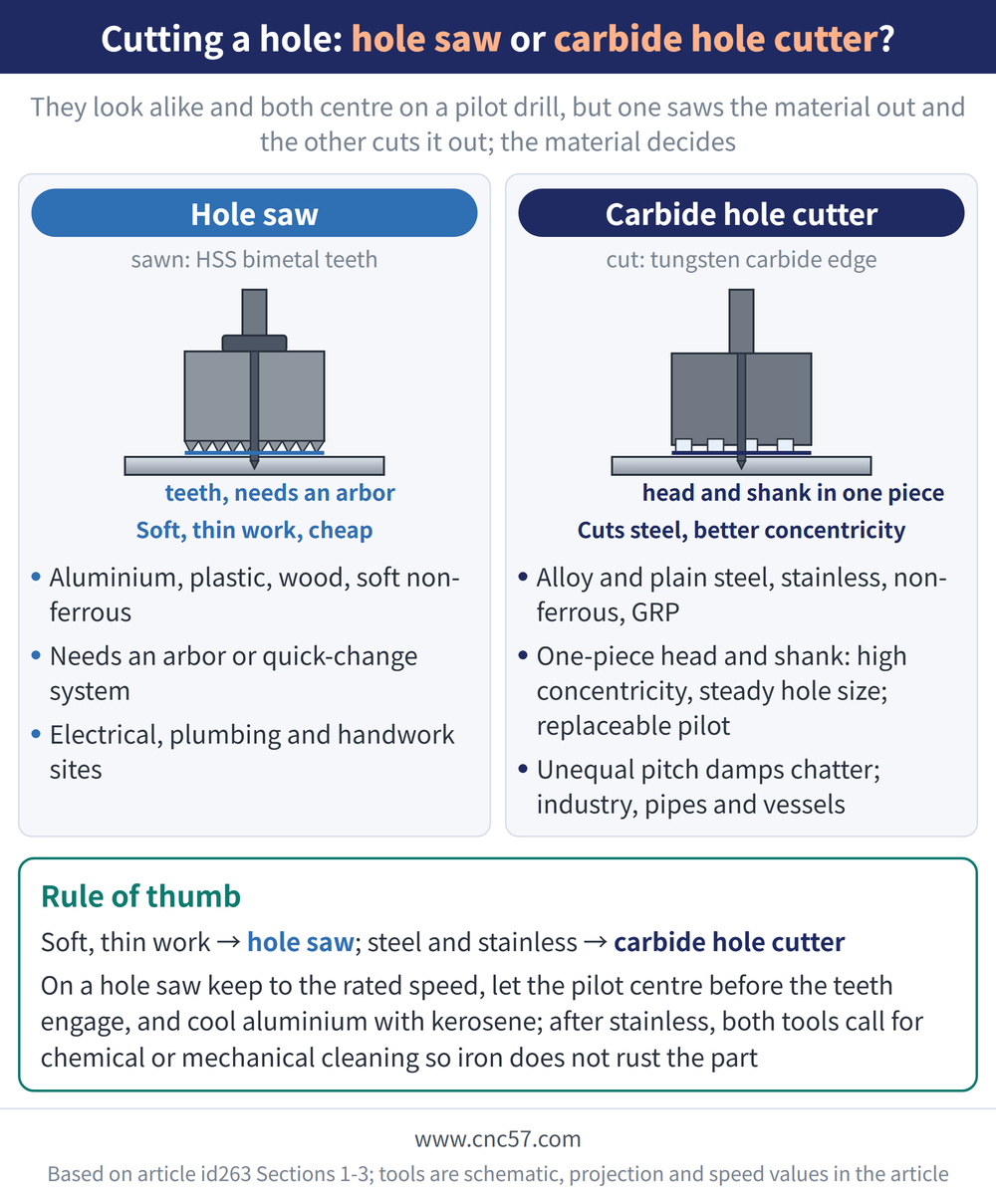 Cutting a hole: hole saw or carbide hole cutter? - diagram: Hole saw(sawn: HSS bimetal teeth):Aluminium, plastic, wood, soft non-ferrous, Needs an arbor or quick-change system, Electrical, plumbing and handwork sites; Carbide hole cutter(cut: tungsten carbide edge):Alloy and plain steel, stainless, non-ferrous, GRP, One-piece head and shank: high concentricity, steady hole size; replaceable pilot, Unequal pitch damps chatter; industry, pipes and vessels; Rule of thumb: Soft, thin work → hole saw; steel and stainless → carbide hole cutter On a hole saw keep to the rated speed, let the pilot centre before the teeth engage, and cool aluminium with kerosene; after stainless, both tools call for chemical or mechanical cleaning so iron does not rust the part