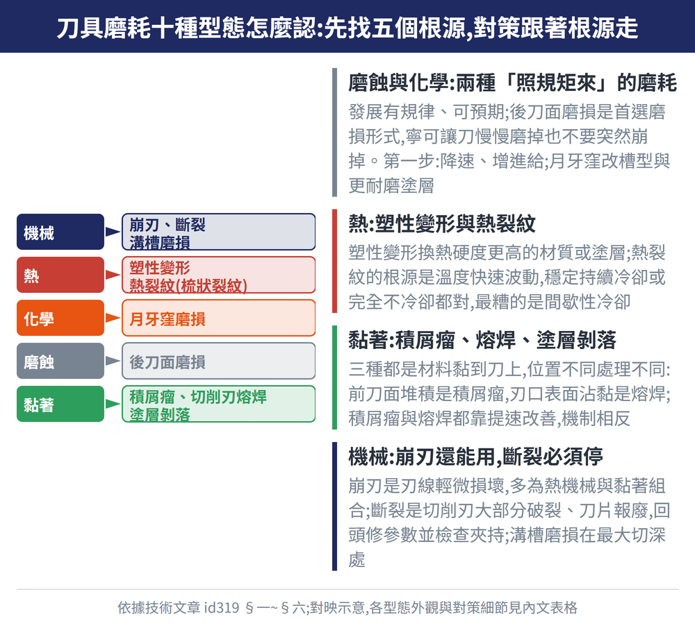 刀具磨耗十種型態怎麼認:先找五個根源,對策跟著根源走 — 示意圖:磨蝕與化學:兩種「照規矩來」的磨耗:發展有規律、可預期;後刀面磨損是首選磨損形式,寧可讓刀慢慢磨掉也不要突然崩掉。第一步:降速、增進給;月牙窪改槽型與更耐磨塗層;熱:塑性變形與熱裂紋:塑性變形換熱硬度更高的材質或塗層;熱裂紋的根源是溫度快速波動,穩定持續冷卻或完全不冷卻都對,最糟的是間歇性冷卻;黏著:積屑瘤、熔焊、塗層剝落:三種都是材料黏到刀上,位置不同處理不同:前刀面堆積是積屑瘤,刃口表面沾黏是熔焊;積屑瘤與熔焊都靠提速改善,機制相反;機械:崩刃還能用,斷裂必須停:崩刃是刃線輕微損壞,多為熱機械與黏著組合;斷裂是切削刃大部分破裂、刀片報廢,回頭修參數並檢查夾持;溝槽磨損在最大切深處