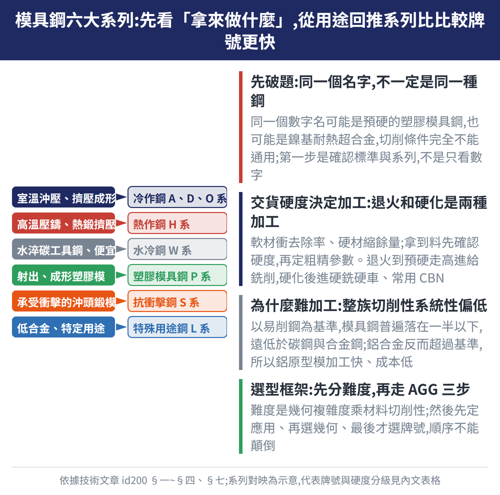 模具鋼六大系列:先看「拿來做什麼」,從用途回推系列比比較牌號更快 — 示意圖:先破題:同一個名字,不一定是同一種鋼:同一個數字名可能是預硬的塑膠模具鋼,也可能是鎳基耐熱超合金,切削條件完全不能通用;第一步是確認標準與系列,不是只看數字;交貨硬度決定加工:退火和硬化是兩種加工:軟材衝去除率、硬材縮餘量;拿到料先確認硬度,再定粗精參數。退火到預硬走高進給銑削,硬化後進硬銑硬車、常用 CBN;為什麼難加工:整族切削性系統性偏低:以易削鋼為基準,模具鋼普遍落在一半以下,遠低於碳鋼與合金鋼;鋁合金反而超過基準,所以鋁原型模加工快、成本低;選型框架:先分難度,再走 AGG 三步:難度是幾何複雜度乘材料切削性;然後先定應用、再選幾何、最後才選牌號,順序不能顛倒