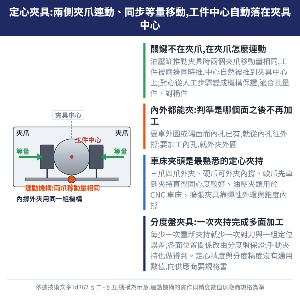 定心夾具:兩側夾爪連動、同步等量移動,工件中心自動落在夾具中心 — 示意圖:關鍵不在夾爪,在夾爪怎麼連動:油壓缸推動夾具時兩個夾爪移動量相同,工件被兩邊同時推,中心自然被推到夾具中心上;對心從人工步驟變成機構保證,適合批量件、對稱件;內外都能夾:判準是哪個面之後不再加工:要車外圓或端面而內孔已有,就從內孔往外撐;要加工內孔,就外夾外圓;車床夾頭是最熟悉的定心夾持:三爪四爪外夾、硬爪可外夾內撐、軟爪先車到夾持直徑同心度較好、油壓夾頭用於 CNC 車床、擴張夾具靠彈性外環與錐度內撐;分度盤夾具:一次夾持完成多面加工:每少一次重新夾持就少一次對刀與一組定位誤差,各面位置關係改由分度盤保證;手動夾持也做得到。定心精度與分度精度沒有通用數值,向供應商要規格書