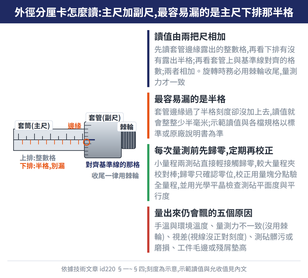 外徑分厘卡怎麼讀:主尺加副尺,最容易漏的是主尺下排那半格 — 示意圖:讀值由兩把尺相加:先讀套管邊緣露出的整數格,再看下排有沒有露出半格;再看套管上與基準線對齊的格數;兩者相加。旋轉時務必用棘輪收尾,量測力才一致;最容易漏的是半格:套管邊緣過了半格刻度卻沒加上去,讀值就會整整少半毫米;示範讀值與各檔規格以標準或原廠說明書為準;每次量測前先歸零,定期再校正:小量程兩測砧直接輕接觸歸零,較大量程夾校對棒;歸零只確認零位,校正用量塊分點驗全量程,並用光學平晶檢查測砧平面度與平行度;量出來仍會飄的五個原因:手溫與環境溫度、量測力不一致(沒用棘輪)、視差(視線沒正對刻度)、測砧髒污或磨損、工件毛邊或殘屑墊高