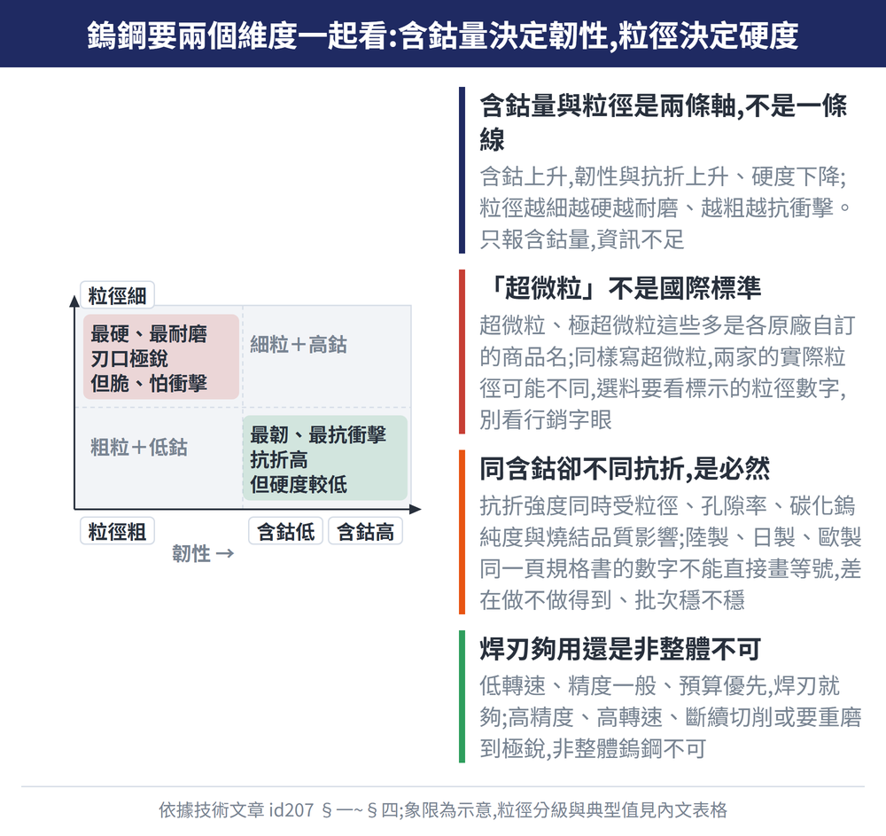 鎢鋼要兩個維度一起看:含鈷量決定韌性,粒徑決定硬度 — 示意圖:含鈷量與粒徑是兩條軸,不是一條線:含鈷上升,韌性與抗折上升、硬度下降;粒徑越細越硬越耐磨、越粗越抗衝擊。只報含鈷量,資訊不足;「超微粒」不是國際標準:超微粒、極超微粒這些多是各原廠自訂的商品名;同樣寫超微粒,兩家的實際粒徑可能不同,選料要看標示的粒徑數字,別看行銷字眼;同含鈷卻不同抗折,是必然:抗折強度同時受粒徑、孔隙率、碳化鎢純度與燒結品質影響;陸製、日製、歐製同一頁規格書的數字不能直接畫等號,差在做不做得到、批次穩不穩;焊刃夠用還是非整體不可:低轉速、精度一般、預算優先,焊刃就夠;高精度、高轉速、斷續切削或要重磨到極銳,非整體鎢鋼不可