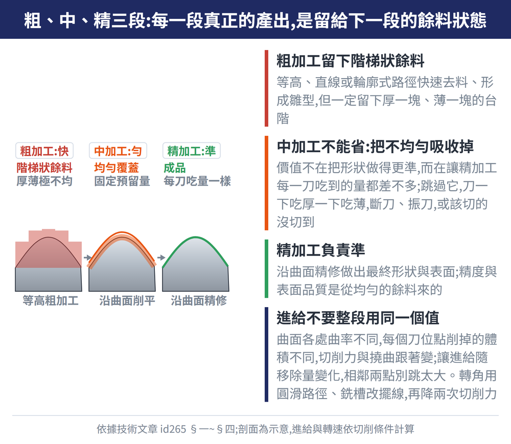 粗、中、精三段:每一段真正的產出,是留給下一段的餘料狀態 — 示意圖:粗加工留下階梯狀餘料:等高、直線或輪廓式路徑快速去料、形成雛型,但一定留下厚一塊、薄一塊的台階;中加工不能省:把不均勻吸收掉:價值不在把形狀做得更準,而在讓精加工每一刀吃到的量都差不多;跳過它,刀一下吃厚一下吃薄,斷刀、振刀,或該切的沒切到;精加工負責準:沿曲面精修做出最終形狀與表面;精度與表面品質是從均勻的餘料來的;進給不要整段用同一個值:曲面各處曲率不同,每個刀位點削掉的體積不同,切削力與撓曲跟著變;讓進給隨移除量變化,相鄰兩點別跳太大。轉角用圓滑路徑、銑槽改擺線,再降兩次切削力