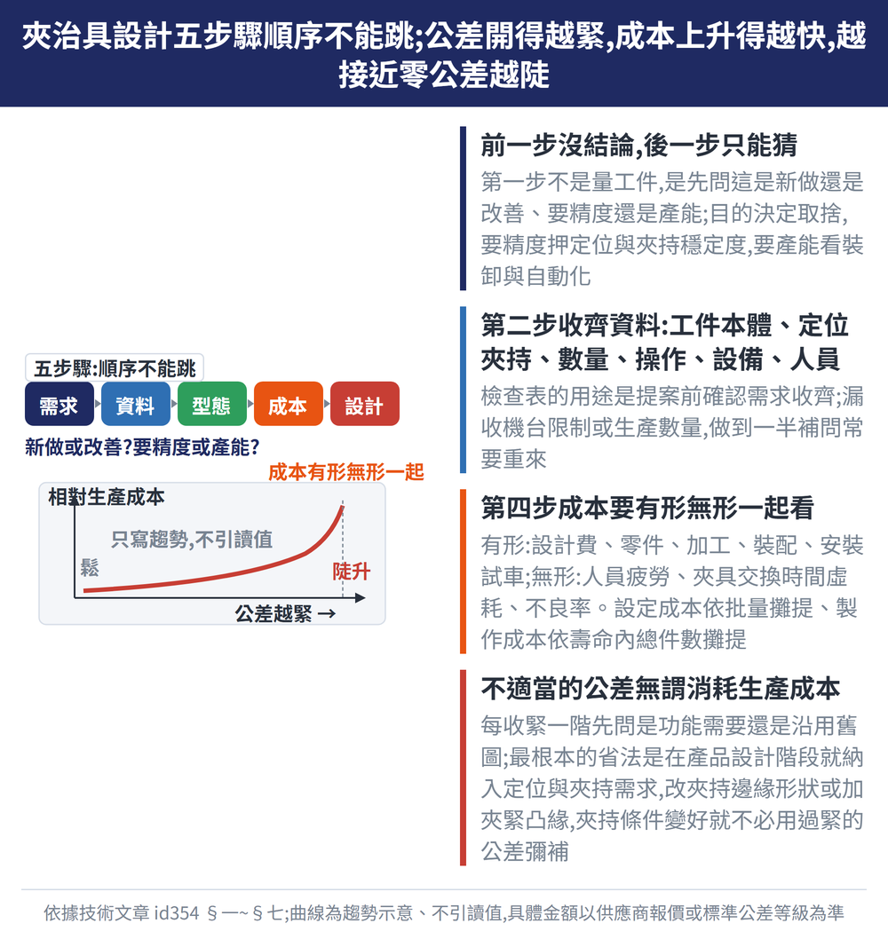 夾治具設計五步驟順序不能跳;公差開得越緊,成本上升得越快,越接近零公差越陡 — 示意圖:前一步沒結論,後一步只能猜:第一步不是量工件,是先問這是新做還是改善、要精度還是產能;目的決定取捨,要精度押定位與夾持穩定度,要產能看裝卸與自動化;第二步收齊資料:工件本體、定位夾持、數量、操作、設備、人員:檢查表的用途是提案前確認需求收齊;漏收機台限制或生產數量,做到一半補問常要重來;第四步成本要有形無形一起看:有形:設計費、零件、加工、裝配、安裝試車;無形:人員疲勞、夾具交換時間虛耗、不良率。設定成本依批量攤提、製作成本依壽命內總件數攤提;不適當的公差無謂消耗生產成本:每收緊一階先問是功能需要還是沿用舊圖;最根本的省法是在產品設計階段就納入定位與夾持需求,改夾持邊緣形狀或加夾緊凸緣,夾持條件變好就不必用過緊的公差彌補