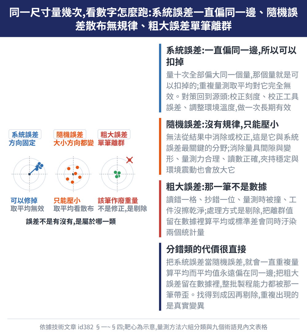 同一尺寸量幾次,看數字怎麼跑:系統誤差一直偏同一邊、隨機誤差散布無規律、粗大誤差單筆離群 — 示意圖:系統誤差:一直偏同一邊,所以可以扣掉:量十次全部偏大同一個量,那個量就是可以扣掉的;重複量測取平均對它完全無效。對策回到源頭:校正刻度、校正工具誤差、調整環境溫度,做一次長期有效;隨機誤差:沒有規律,只能壓小:無法從結果中消除或校正,這是它與系統誤差最關鍵的分野;消除量具間隙與變形、量測力合理、讀數正確,夾持穩定與環境震動也會放大它;粗大誤差:那一筆不是數據:讀錯一格、抄錯一位、量測時被撞、工件沒擦乾淨;處理方式是剔除,把離群值留在數據裡算平均或標準差會同時汙染兩個統計量;分錯類的代價很直接:把系統誤差當隨機誤差,就會一直重複量算平均而平均值永遠偏在同一邊;把粗大誤差留在數據裡,整批製程能力都被那一筆帶歪。找得到成因再剔除,重複出現的是真實變異