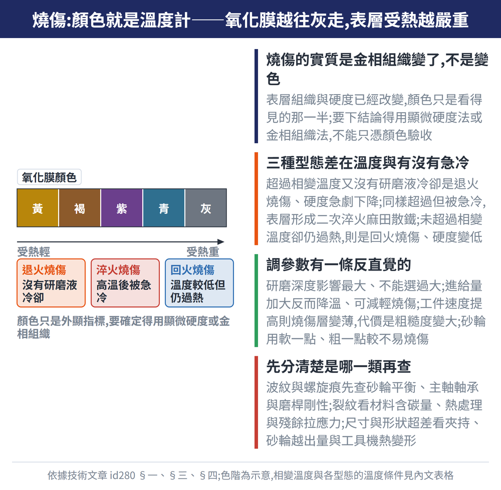 燒傷:顏色就是溫度計——氧化膜越往灰走,表層受熱越嚴重 — 示意圖:燒傷的實質是金相組織變了,不是變色:表層組織與硬度已經改變,顏色只是看得見的那一半;要下結論得用顯微硬度法或金相組織法,不能只憑顏色驗收;三種型態差在溫度與有沒有急冷:超過相變溫度又沒有研磨液冷卻是退火燒傷、硬度急劇下降;同樣超過但被急冷,表層形成二次淬火麻田散鐵;未超過相變溫度卻仍過熱,則是回火燒傷、硬度變低;調參數有一條反直覺的:研磨深度影響最大、不能選過大;進給量加大反而降溫、可減輕燒傷;工件速度提高則燒傷層變薄,代價是粗糙度變大;砂輪用軟一點、粗一點較不易燒傷;先分清楚是哪一類再查:波紋與螺旋痕先查砂輪平衡、主軸軸承與磨桿剛性;裂紋看材料含碳量、熱處理與殘餘拉應力;尺寸與形狀超差看夾持、砂輪越出量與工具機熱變形