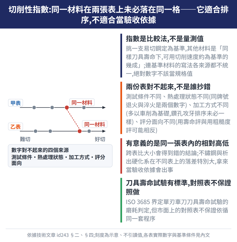 切削性指數:同一材料在兩張表上未必落在同一格——它適合排序,不適合當驗收依據 — 示意圖:指數是比較法,不是量測值:挑一支易切鋼定為基準,其他材料是「同樣刀具壽命下,可用切削速度約為基準的幾成」;連基準材料的寫法各來源都不統一,絕對數字不該當規格值;兩份表對不起來,不是誰抄錯:測試條件不同、熱處理狀態不同(同牌號退火與淬火是兩個數字)、加工方式不同(多以車削為基礎,鑽孔攻牙排序未必一樣)、評分面向不同(用壽命評與用粗糙度評可能相反);有意義的是同一張表內的相對高低:跨表比大小會得到錯的結論;不鏽鋼與析出硬化系在不同表上的落差特別大,拿來當驗收依據會出事;刀具壽命試驗有標準,對照表不保證照做:ISO 3685 界定單刃車刀刀具壽命試驗的磨耗判定,但市面上的對照表不保證依循同一套程序