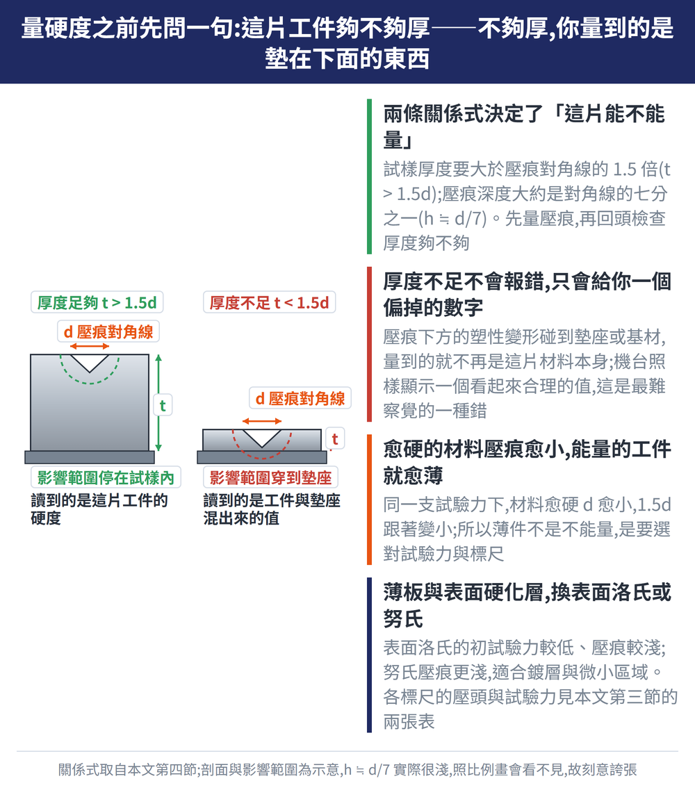 試樣厚度與硬度量測的關係示意圖:左格厚度足夠(t 大於壓痕對角線 d 的 1.5 倍),壓痕下方的影響範圍停在試樣內,讀到的是這片工件的硬度;右格厚度不足,影響範圍穿到下方墊座,讀到的是工件與墊座混出來的值。圖中標出壓痕對角線 d、試樣厚度 t,並註明壓痕深度約為對角線的七分之一(h 約等於 d 除以 7)。