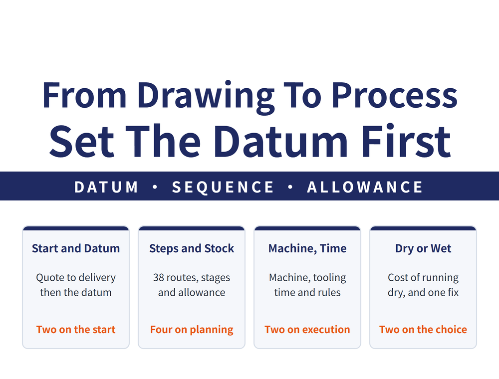 Manufacturing process guide hero image: headline 'From Drawing To Process / Set The Datum First', ribbon 'DATUM - SEQUENCE - ALLOWANCE'; four summary cards - Start and Datum (quote to delivery, then the datum / two on the start), Steps and Stock (38 routes, stages and allowance / four on planning), Machine and Time (machine, tooling, time and rules / two on execution), Dry or Wet (cost of running dry, and one fix / two on the choice)