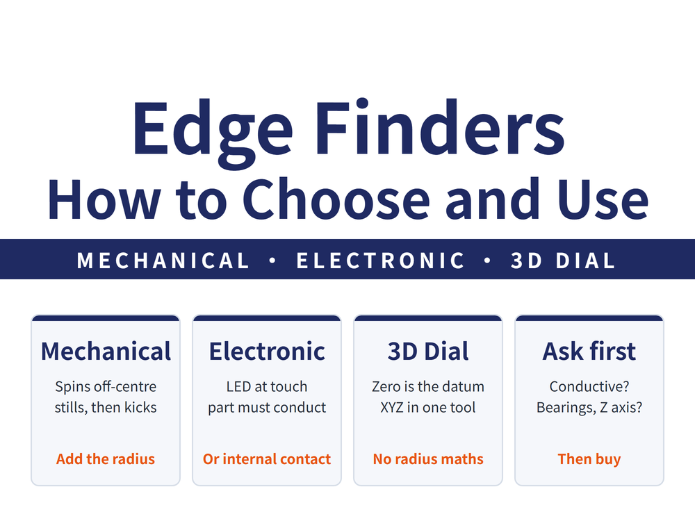 Edge finder guide, four cards: mechanical card, off-centre stylus spins, settles as it nears the edge then kicks sideways, add the stylus radius; electronic card, LED lights the instant the stylus touches, workpiece must conduct, pick internal-contact type otherwise; 3D dial card, needle at zero is the datum, one tool for XYZ, no radius to add; selection card, ask whether the workpiece conducts, whether the spindle has ceramic bearings, and whether you need Z