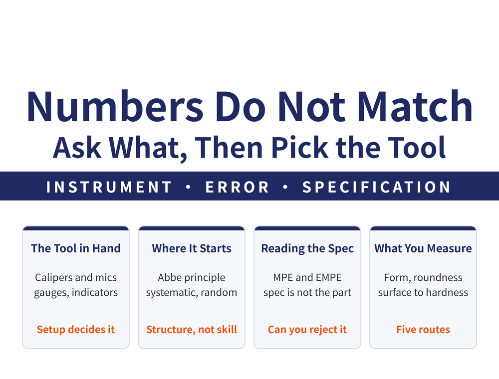 Precision measurement guide hero: main title Numbers Do Not Match / Ask What, Then Pick the Tool; ribbon Instrument, Error, Specification; four quick cards - The Tool in Hand (calipers, micrometers, gauges, indicators; setup decides it), Where It Starts (Abbe principle, systematic or random; structure, not skill), Reading the Spec (MPE and EMPE; spec is not conformance), What You Measure (form, roundness, surface, thread, hardness; five routes)