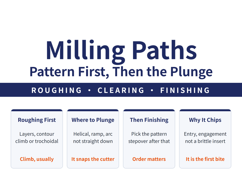 Milling toolpath guide hero: main title Milling Paths / Pattern First, Then the Plunge; ribbon Roughing, Clearing, Finishing; four quick cards - Roughing First (layers, contour, climb or trochoidal; climb, usually), Where to Plunge (helical, ramp, arc; not straight down; it snaps the cutter), Then Finishing (pick the pattern, stepover comes after; order matters), Why It Chips (entry point, engagement; not a brittle insert; it is the first bite)