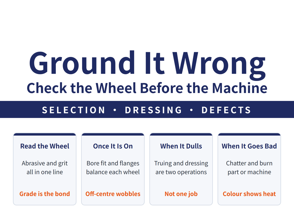 Grinding wheel and machine guide hero: main title Ground It Wrong / Check the Wheel Before the Machine; ribbon Selection, Dressing, Defects; four quick cards - Read the Wheel (abrasive, grit, grade all in one line; grade is the bond), Once It Is On (bore fit and flanges, balance a new one twice; off-centre grinds off), When It Dulls (truing and dressing are two operations; not one job), When It Goes Bad (chatter, burn, cracks; part or machine; colour reads as heat)