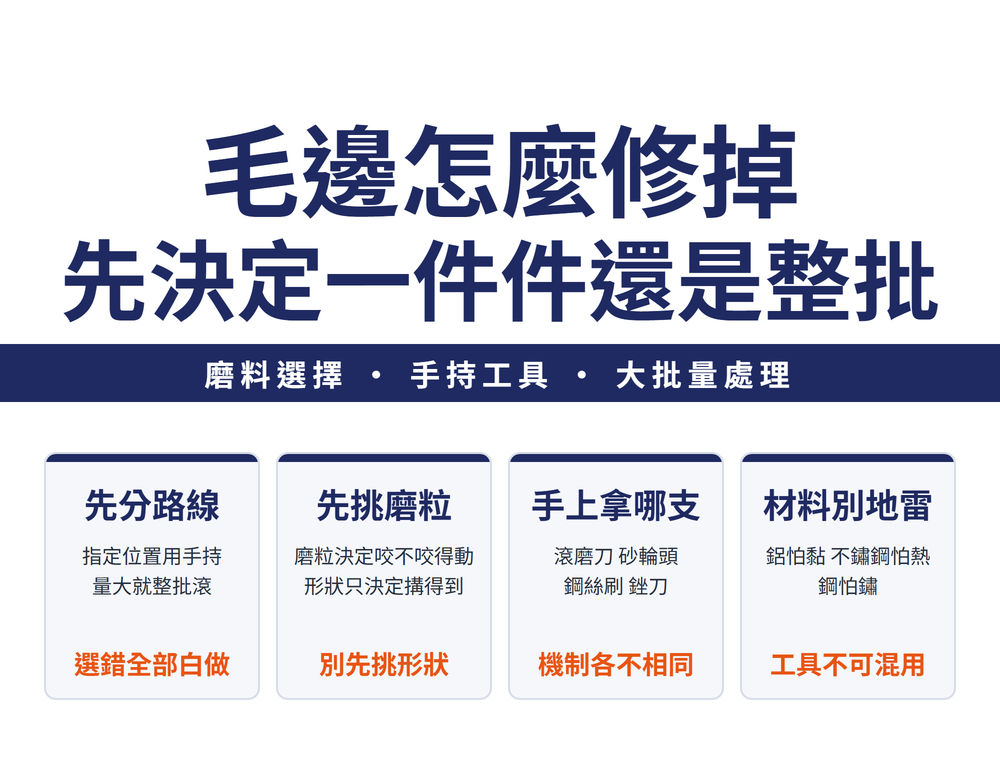 去毛邊與表面修飾導讀首圖:主標〈毛邊怎麼修掉／先決定一件件還是整批〉,導線帶〈磨料選擇・手持工具・大批量處理〉;四張速覽卡——先分路線(指定位置用手持,量大就整批滾／橘字:選錯全部白做)、先挑磨粒(磨粒決定咬不咬得動,形狀只決定搆得到／橘字:別先挑形狀)、手上拿哪支(滾磨刀 砂輪頭 鋼絲刷 銼刀／橘字:機制各不相同)、材料別地雷(鋁怕黏 不鏽鋼怕熱 鋼怕鏽／橘字:工具不可混用)