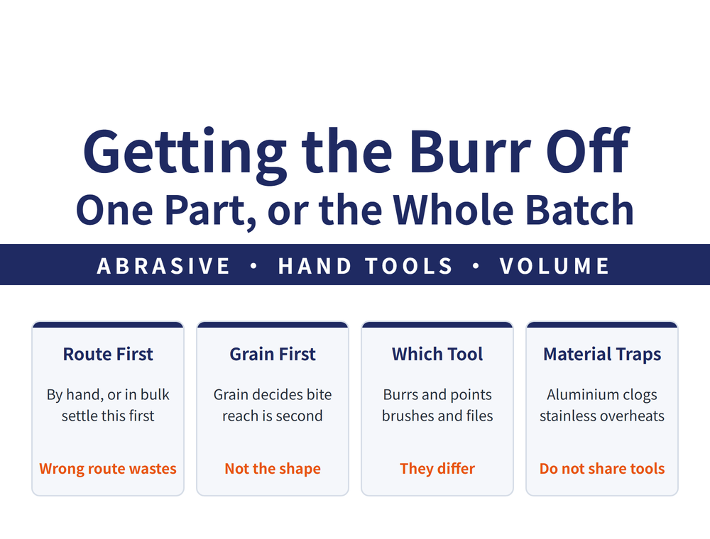 Deburring and finishing guide hero: main title Getting the Burr Off / One Part, or the Whole Batch; ribbon Abrasive, Hand Tools, Volume; four quick cards - Route First (by hand or in bulk, settle this first; wrong route wastes), Grain First (grain decides bite, shape decides reach; not the shape), Which Tool (burrs, mounted points, brushes and files; they differ), Material Traps (aluminium loads up, stainless overheats; do not share tools)