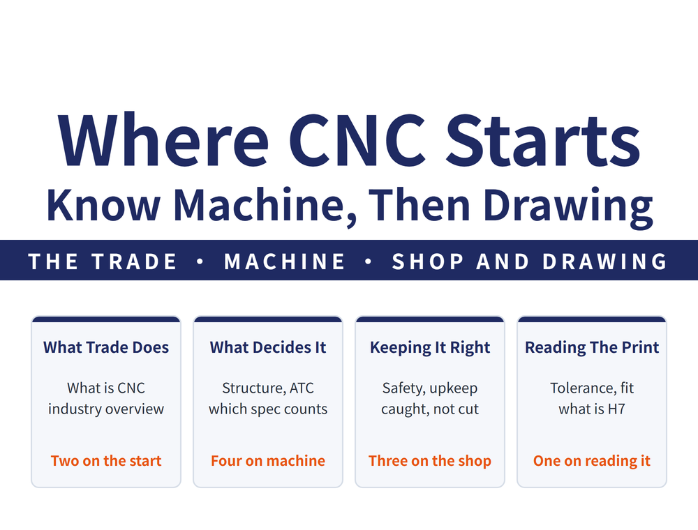 CNC fundamentals guide hero: main title Where CNC Starts / Know the Machine, Then the Drawing; ribbon THE TRADE - THE MACHINE - SHOP AND DRAWING; four quick cards - What This Trade Does (what is CNC, industry overview; know where you stand; two on the start), What Decides a Machine (structure, controller, ATC; which spec counts; four on the machine), Keeping the Shop Right (safety, upkeep, coolant; caught, not cut; three on the shop), Reading the Print (dimensional tolerance, fit; what does H7 mean; one on reading it)