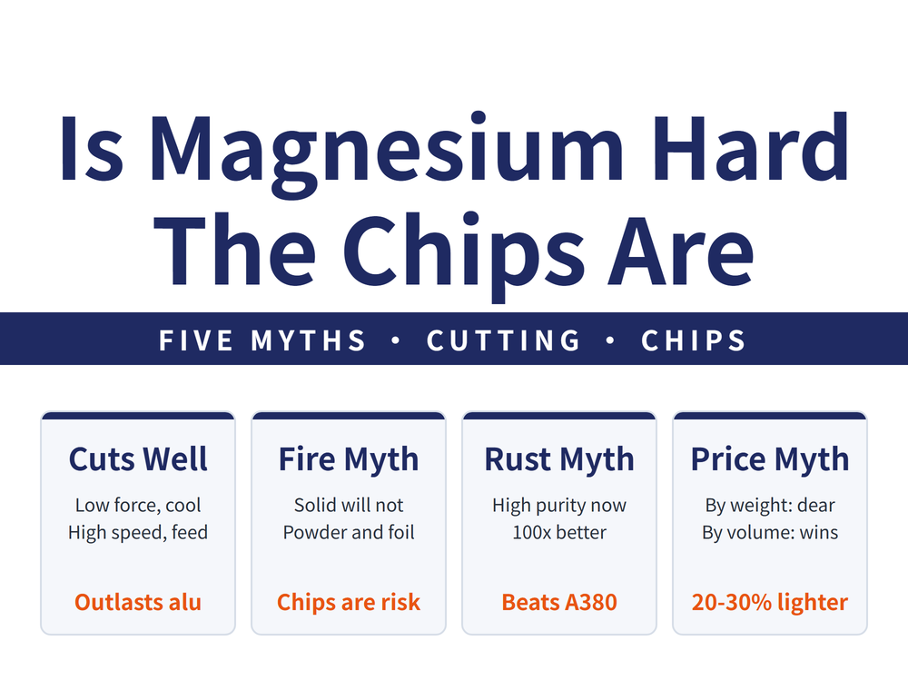 Five myths about magnesium alloy machining and the reality. Left card: the five myths, flammable, corrodes easily, scarce, hard to form, expensive. Middle card: the machining reality, low cutting force, good thermal conductivity and fast heat dissipation, allowing high speeds and heavy feeds, with tool life several times longer than when cutting aluminium alloy. Right card: the real risk is the form of the chip, ingots and die cast magnesium parts do not burn below their melting point, while high surface area magnesium powder, ribbon and foil are the flammable forms, and machining is what produces fine chips. Bottom guide line: the workpiece is not dangerous, fine chips and dust are what has to be managed.