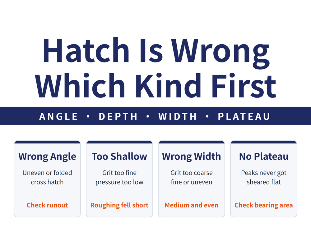 Hero summary card. Headline: wrong cross hatch, decide which kind first. Ribbon: angle, depth, width and plateau are four separate checks. Card one, wrong angle: asymmetric or folded hatch, conclusion check runout and the speed ratio first. Card two, not deep enough: roughing grit too fine or pressure too low, conclusion roughing did not cut enough. Card three, wrong width: grit too coarse, too fine or uneven, conclusion pick a medium and consistent grit. Card four, plateau not formed: finishing failed to shear the peaks, conclusion look at the bearing area ratio.