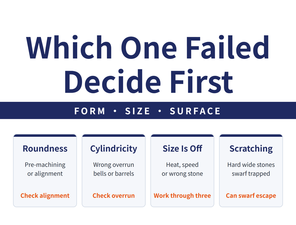 Hero summary card. Headline: decide first which characteristic failed. Ribbon: form, size and surface are three separate paths. Card one, roundness out of tolerance: pre-machining error or poor alignment, conclusion check alignment first. Card two, cylindricity out of tolerance: wrong overrun gives a bell mouth or a barrel, conclusion check overrun first. Card three, size is off: heat, speed or the wrong stone, conclusion work through the three in order. Card four, scratching: hard wide stones and trapped swarf, conclusion ask whether the swarf can escape.