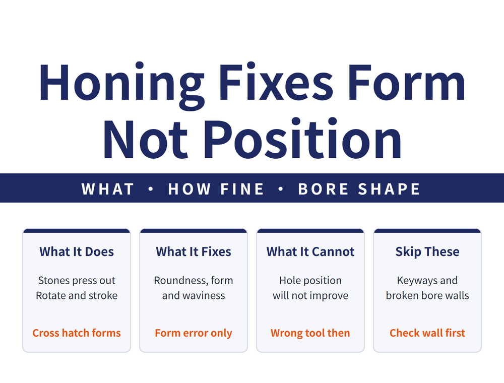Quick reference card. Headline: honing corrects form, not position. Ribbon: what needs correcting, how fine it must be, what the bore looks like. Card one, what it does: stones expand against the bore while rotating and stroking, conclusion the cross hatch comes from that. Card two, what it corrects: roundness, cylindricity and surface waviness, conclusion form error is within reach. Card three, what it cannot: hole position accuracy does not improve, conclusion wrong position means wrong process. Card four, which bores to avoid: interrupted surfaces such as keyways, conclusion check whether the wall is continuous first.