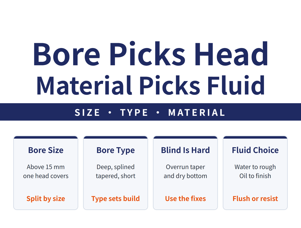 Hero summary card. Headline: the bore picks the head, the material picks the fluid. Ribbon: bore size first, then bore type, then material. Card one, bore size: one general head above 15 mm, four separate types below, conclusion split by size first. Card two, bore type: deep, splined, tapered, short and interrupted bores each have their own head, conclusion the type sets the mechanism. Card three, blind bores are hardest: unequal overrun creates taper, the leading end of the stone wears faster and fluid cannot reach the bottom, conclusion use the countermeasures rather than pushing harder. Card four, fluid: water based for roughing, oil based for finishing, conclusion ask whether you need flushing or anti-welding first.