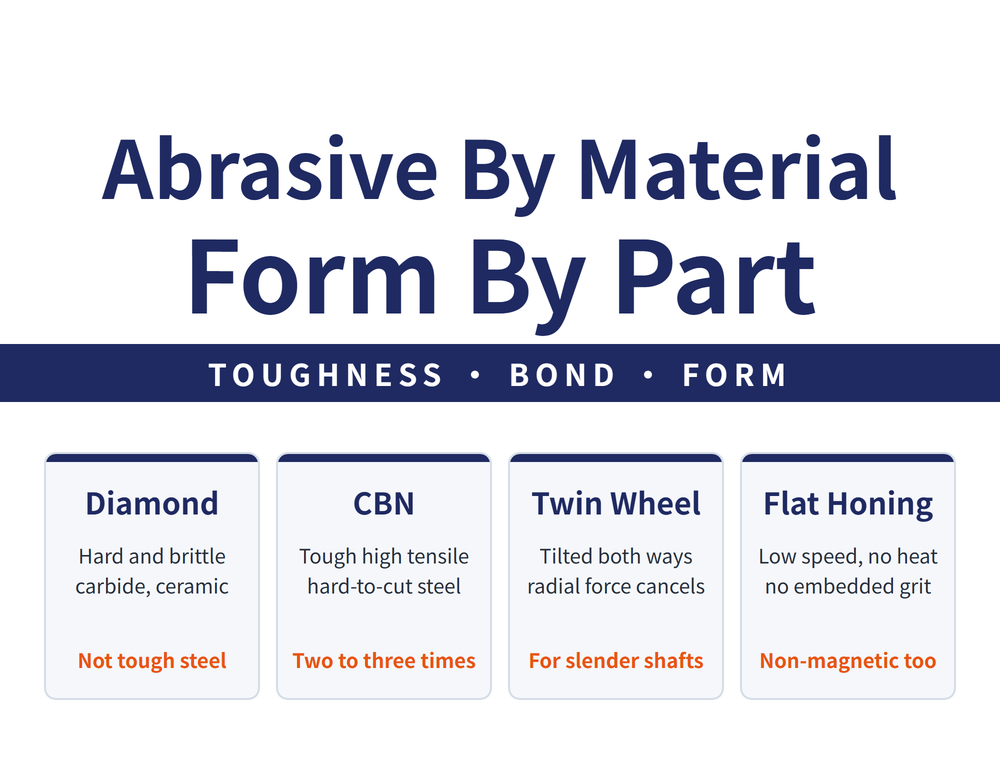 Hero summary card. Headline: abrasive follows the material, form follows the part. Ribbon: toughness first, then bond, then the form of honing. Card one, diamond: suits hard and brittle materials, conclusion keep it off tough steels. Card two, CBN: suits tough high strength steels, conclusion several times the throughput. Card three, external twin wheel: two wheels tilted against each other grip the part, conclusion the answer for slender shafts. Card four, flat honing: low speed, no thermal damage, no embedded grit, conclusion non-magnetic materials are workable too.