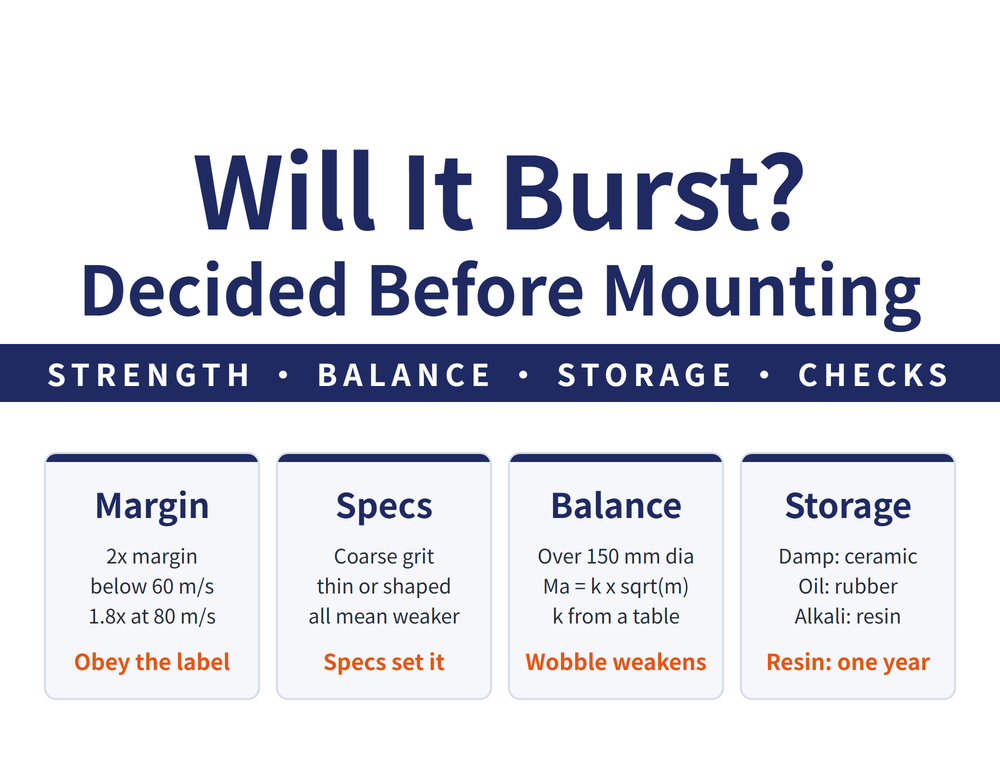 Grinding wheel safety hero: title 'Will It Burst? Decided Before Mounting', banner 'Strength, balance, storage, checks'; four cards—Margin (burst speed must beat working speed, 2x below 60 m/s, 1.8x at 80 m/s, obey the label), Specs (coarse grit, thin or shaped wheels all mean weaker, picking specs picks strength), Balance (over 150 mm diameter the maximum unbalance Ma equals k times the square root of the wheel mass, wobble weakens the wheel), Storage (damp attacks vitrified, oil attacks rubber, alkali attacks resin, resin bonds keep one year)