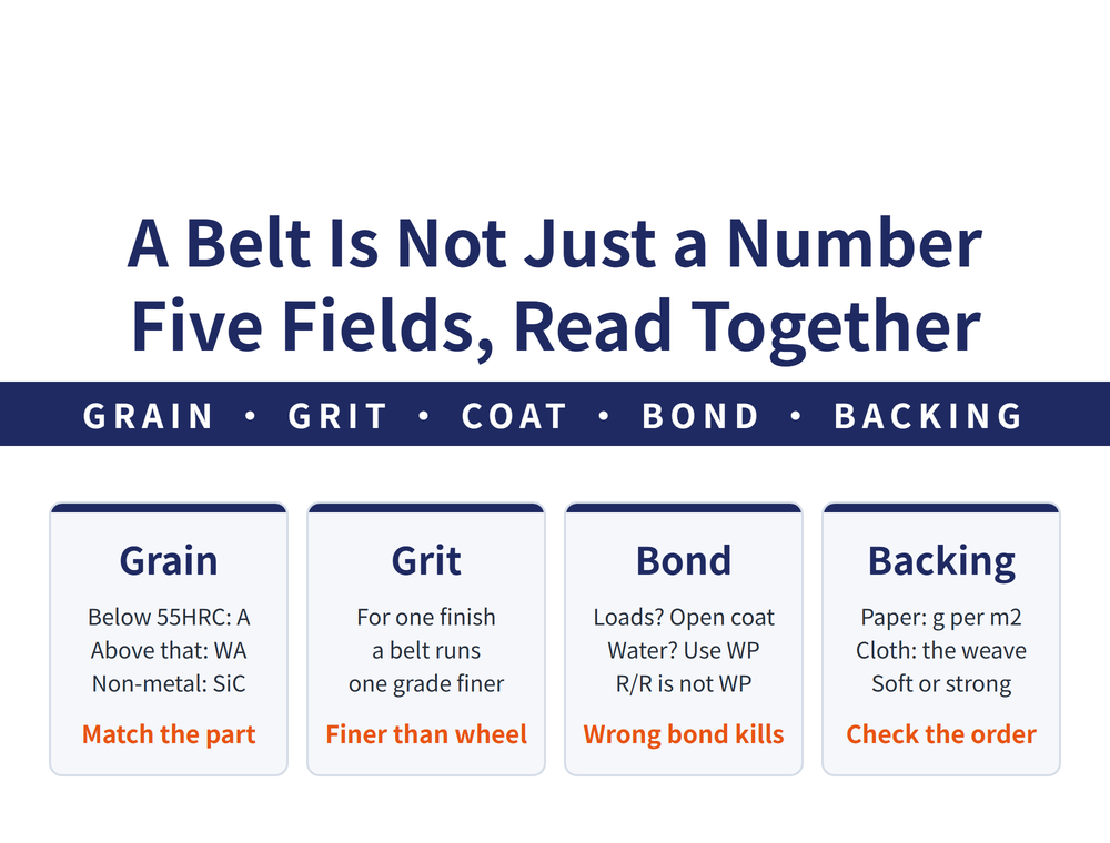 Coated abrasive spec hero: title 'A Belt Is Not Just a Number', 'Five fields, read together', banner 'Grain, grit, coating, bond, backing'; four cards—Grain (55HRC is the line, aluminium oxide below it, white aluminium oxide above, silicon carbide for non-metals), Grit (for the same finish a belt runs one grade finer than a wheel, do not copy the wheel number), Coating and bond (open coat if it loads, waterproof series if water is involved, dry-use bonds are ruined by water), Backing (paper by weight per square metre, cloth by weave, flexible for hand work and strong for machines)