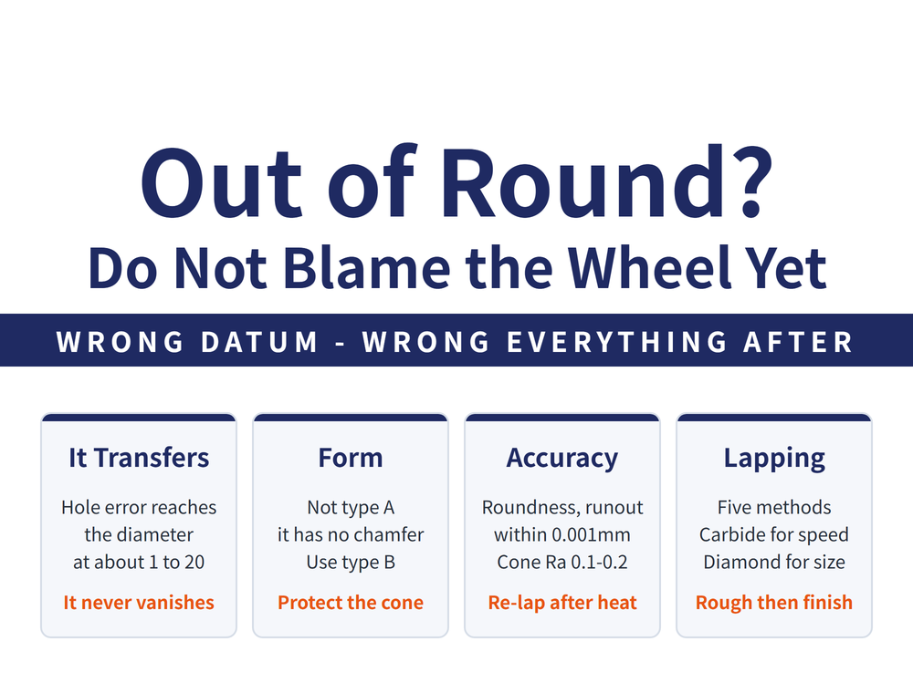Centre hole hero: title 'Out of Round?', 'Do Not Blame the Wheel Yet', banner 'Wrong datum, wrong everything after'; four cards—Error transfers (centre hole roundness error reaches the ground diameter at roughly one to twenty), Form (do not use type A without a protective chamfer on shafts to be ground, use type B with its 120 degree chamfer), Accuracy (roundness and runout both within 0.001mm, cone surface Ra 0.1 to 0.2), Lapping (five methods, oilstone and diamond centres each have their place)