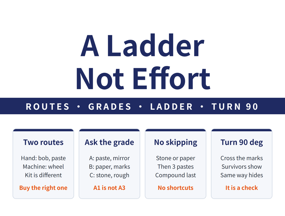 Mould hand polishing hero: headline 'A Ladder / Not Effort', banner 'ROUTES - GRADES - LADDER - TURN 90'; four cards—Two routes (Hand: bob, paste / Machine: wheel / Kit is different; closing line 'Buy the right one'), Ask the grade (A: paste, mirror / B: paper, marks / C: stone, rough; closing line 'A1 is not A3'), No skipping (Stone or paper / Then 3 pastes / Compound last; closing line 'No shortcuts'), Turn 90 deg (Cross the marks / Survivors show / Same way hides; closing line 'It is a check')