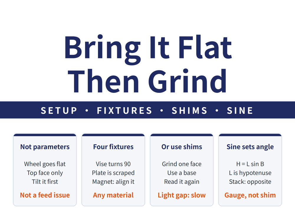 Hero for holding and aligning vertical and angled faces on a surface grinder: headline 'Bring It Flat / Then Grind', band 'SETUP - FIXTURES - SHIMS - SINE'; four cards - Not parameters (Wheel goes flat, Top face only, Tilt it first; conclusion 'Not a feed issue'), Four fixtures (Vise turns 90, Plate is scraped, Magnet: align it; conclusion 'Any material'), Or use shims (Grind one face, Use a base, Read it again; conclusion 'Light gap: slow'), Sine sets angle (H = L sin B, L is hypotenuse, Stack: opposite; conclusion 'Gauge, not shim')