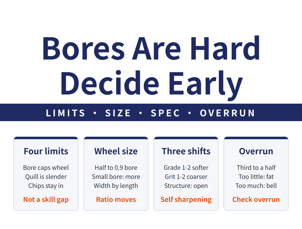 Hero for internal grinding wheel and quill selection: headline 'Bores Are Hard / Decide Early', band 'LIMITS - SIZE - SPEC - OVERRUN'; four cards - Four limits (Bore caps wheel, Quill is slender, Chips stay in; conclusion 'Not a skill gap'), Wheel size (Half to 0.9 bore, Small bore: more, Width by length; conclusion 'Ratio moves'), Three shifts (Grade 1-2 softer, Grit 1-2 coarser, Structure: open; conclusion 'Self sharpening'), Overrun (Third to a half, Too little: fat, Too much: bell; conclusion 'Check overrun')