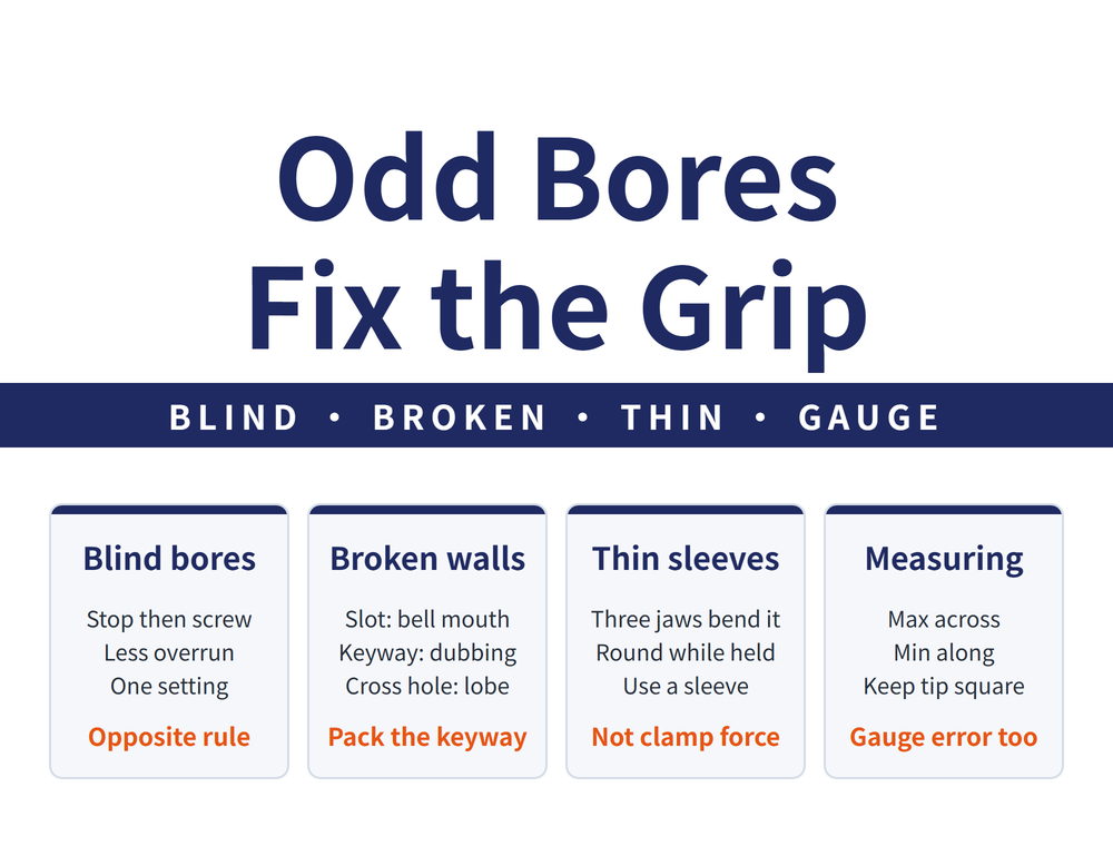 Hero for special bore forms and thin sleeves: headline 'Odd Bores / Fix the Grip', band 'BLIND - BROKEN - THIN - GAUGE'; four cards - Blind bores (Stop then screw, Less overrun, One setting; conclusion 'Opposite rule'), Broken walls (Slot: bell mouth, Keyway: dubbing, Cross hole: lobe; conclusion 'Pack the keyway'), Thin sleeves (Three jaws bend it, Round while held, Use a sleeve; conclusion 'Not clamp force'), Measuring (Max across, Min along, Keep tip square; conclusion 'Gauge error too')