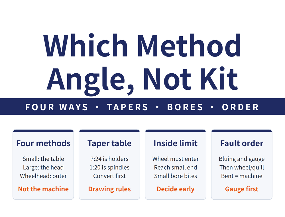 Hero for choosing a taper grinding method: headline 'Which Method / Angle, Not Kit', band 'FOUR WAYS - TAPERS - BORES - ORDER'; four cards - Four methods (Small: the table, Large: the head, Wheelhead: outer; conclusion 'Not the machine'), Taper table (7:24 is holders, 1:20 is spindles, Convert first; conclusion 'Drawing rules'), Inside limit (Wheel must enter, Reach small end, Small bore bites; conclusion 'Decide early'), Fault order (Bluing and gauge, Then wheel/quill, Bent = machine; conclusion 'Gauge first')
