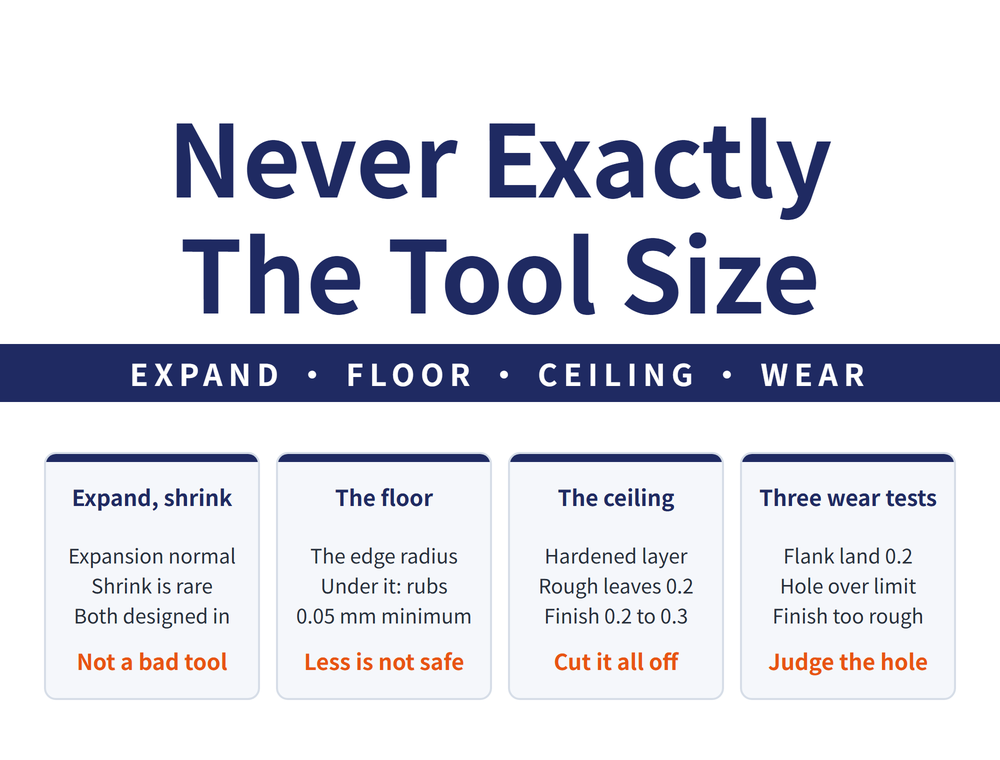 Hero for reamed hole size and allowance: headline 'Never Exactly / The Tool Size', band 'EXPAND - FLOOR - CEILING - WEAR'; four cards - Expand, shrink (Expansion normal, Shrink is rare, Both designed in; conclusion 'Not a bad tool'), The floor (The edge radius, Under it rubs, 0.05 mm minimum; conclusion 'Less is not safe'), The ceiling (Hardened layer, Rough leaves 0.2, Finish 0.2 to 0.3; conclusion 'Cut it all off'), Three wear tests (Flank land 0.2, Hole over limit, Finish too rough; conclusion 'Judge the hole')