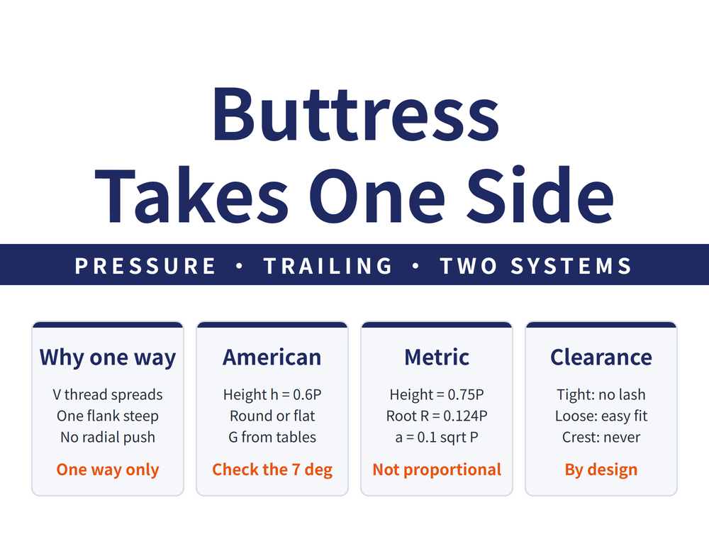 Buttress thread hero image: headline "Buttress / Takes One Side", band "PRESSURE - TRAILING - TWO SYSTEMS"; four cards - Why one way (V thread spreads, One flank steep, No radial push; conclusion "One way only"), American (Height h = 0.6P, Round or flat, G from tables; conclusion "Check the 7 deg"), Metric (Height = 0.75P, Root R = 0.124P, a = 0.1 sqrt P; conclusion "Not proportional"), Clearance (Tight: no lash, Loose: easy fit, Crest: never; conclusion "By design")