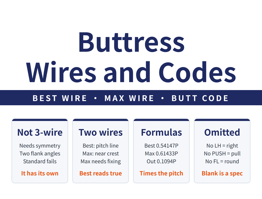 Buttress measurement and callout hero image: headline "Buttress / Wires and Codes", band "BEST WIRE - MAX WIRE - BUTT CODE"; four cards - Not 3-wire (Needs symmetry, Two flank angles, Standard fails; conclusion "It has its own"), Two wires (Best: pitch line, Max: near crest, Max needs fixing; conclusion "Best reads true"), Formulas (Best 0.54147P, Max 0.61433P, Out 0.1094P; conclusion "Times the pitch"), Omitted (No LH = right, No PUSH = pull, No FL = round; conclusion "Blank is a spec")