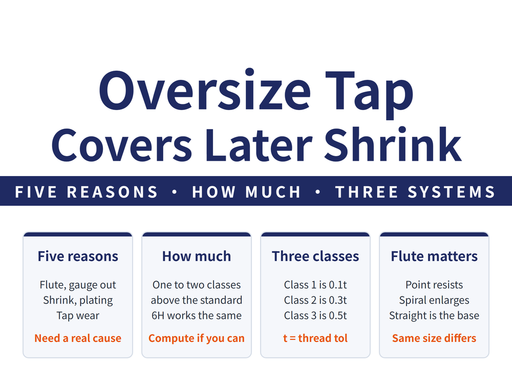 Oversize tap hero image: headline Oversize Tap, Covers Later Shrink; band FIVE REASONS, HOW MUCH, THREE SYSTEMS; four cards - Five reasons (flute and gauge out, shrink and plating, tap wear; verdict Need a real cause), How much (one to two classes above the standard, 6H works the same; verdict Compute if you can), Three classes (Class 1 is 0.1t, Class 2 is 0.3t, Class 3 is 0.5t; verdict t equals thread tolerance), Flute matters (point resists, spiral enlarges, straight is the base; verdict Same size differs)