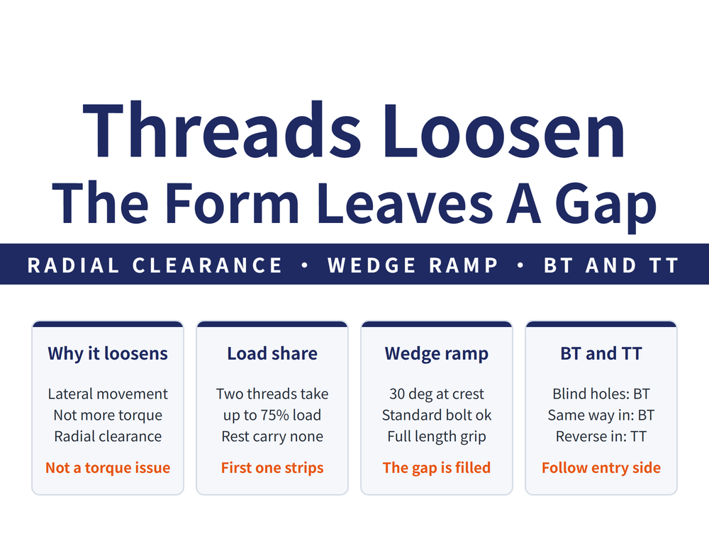 Hero card for self-locking threads: headline "Threads Loosen / The Form Leaves A Gap", lead strip "RADIAL CLEARANCE - WEDGE RAMP - BT AND TT"; four cards - Why it loosens (Lateral movement, Not more torque, Radial clearance; verdict "Not a torque issue"), Load share (Two threads take, up to 75% load, Rest carry none; verdict "First one strips"), Wedge ramp (30 deg at crest, Standard bolt ok, Full length grip; verdict "The gap is filled"), BT and TT (Blind holes: BT, Same way in: BT, Reverse in: TT; verdict "Follow entry side")